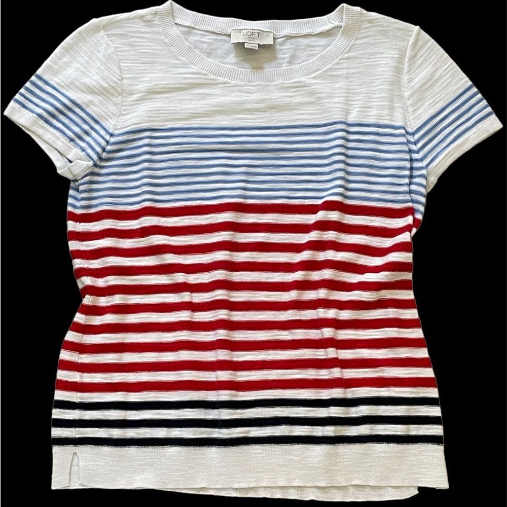 Loft Outlet short sleeve knit top, white light blue red navy blue stripes, Sz SP
